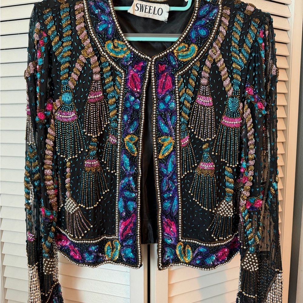 Vintage Sweelo Women's Beaded Jacket with Tassel Detail